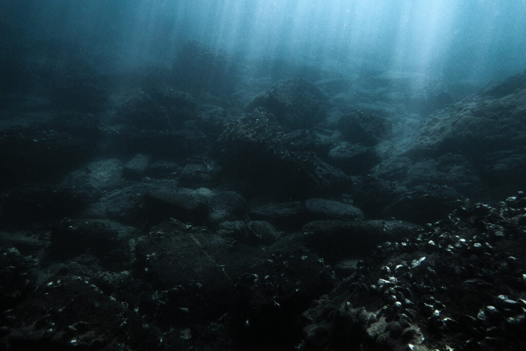 Underwater Seascape Cables and Pipelines whit sunbeam coming Through the Water